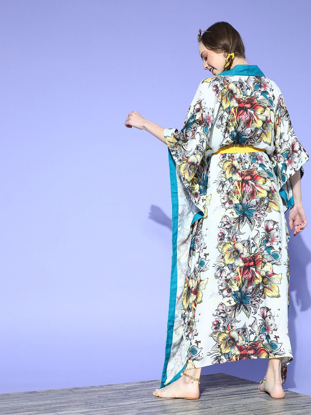 The Kaftan Company Kaftan White Floral Line Resort Kaftan Coverup