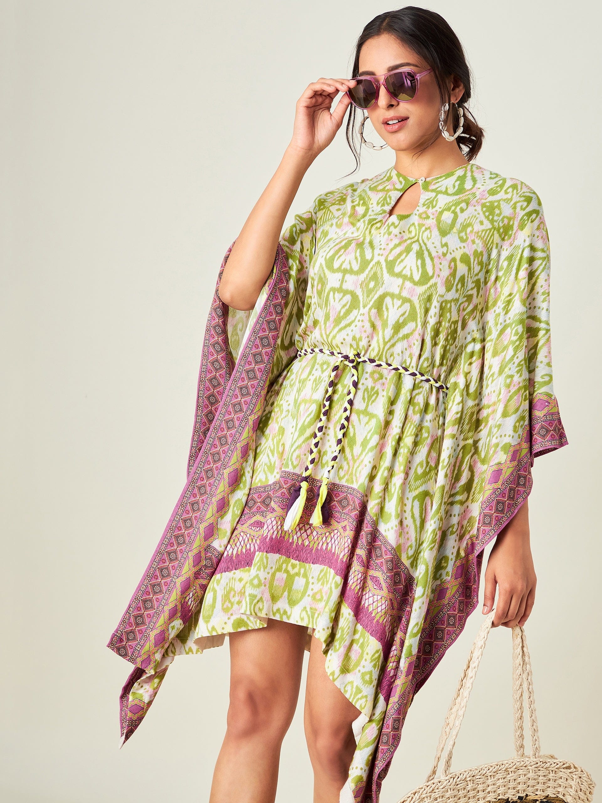 The Kaftan Company Kaftan White Ikkat Print Resort Kaftan