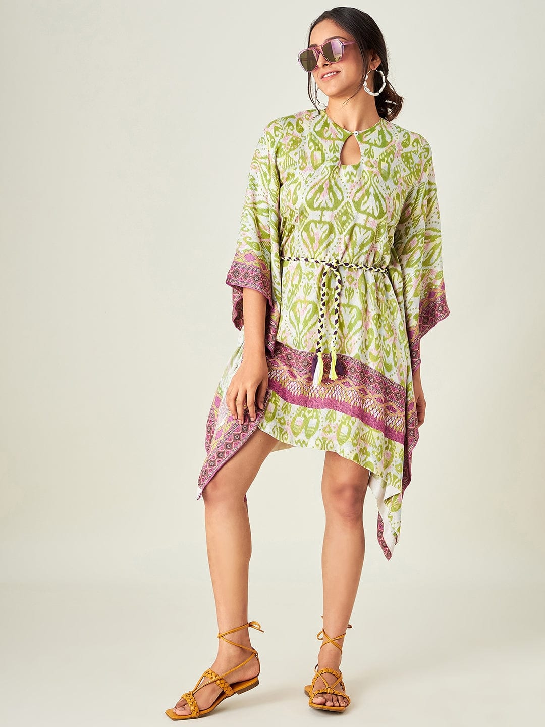 The Kaftan Company Kaftan White Ikkat Print Resort Kaftan