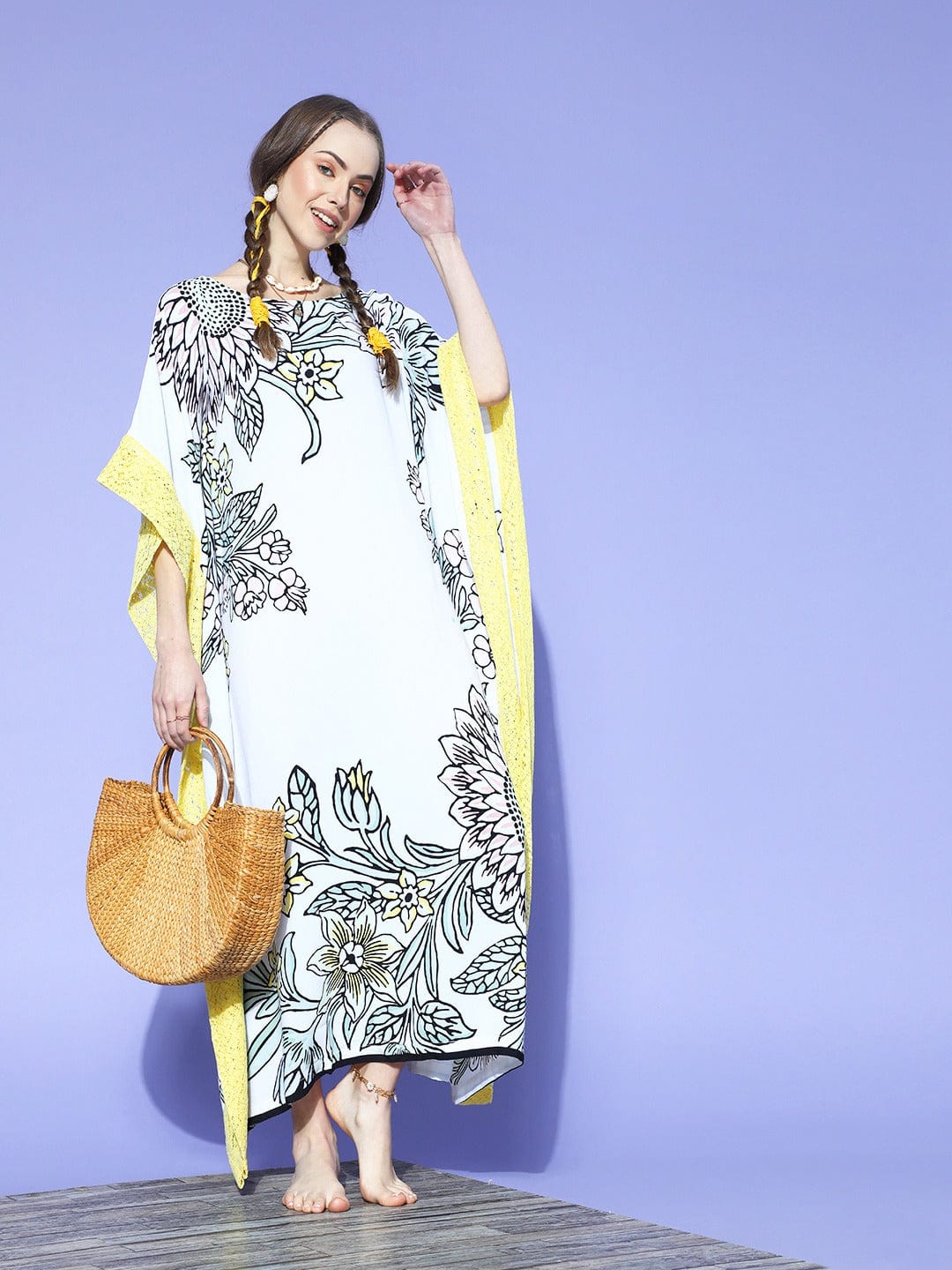The Kaftan Company Kaftan White Sunflowers And Lilies Resortwear Kaftan