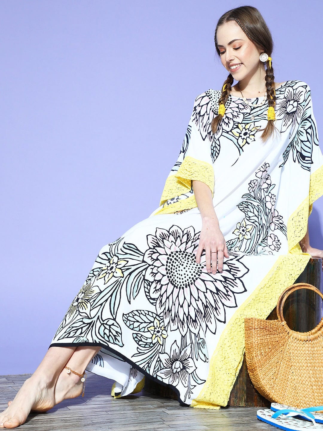The Kaftan Company Kaftan White Sunflowers And Lilies Resortwear Kaftan