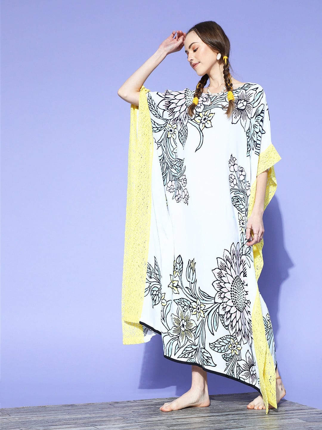The Kaftan Company Kaftan White Sunflowers And Lilies Resortwear Kaftan