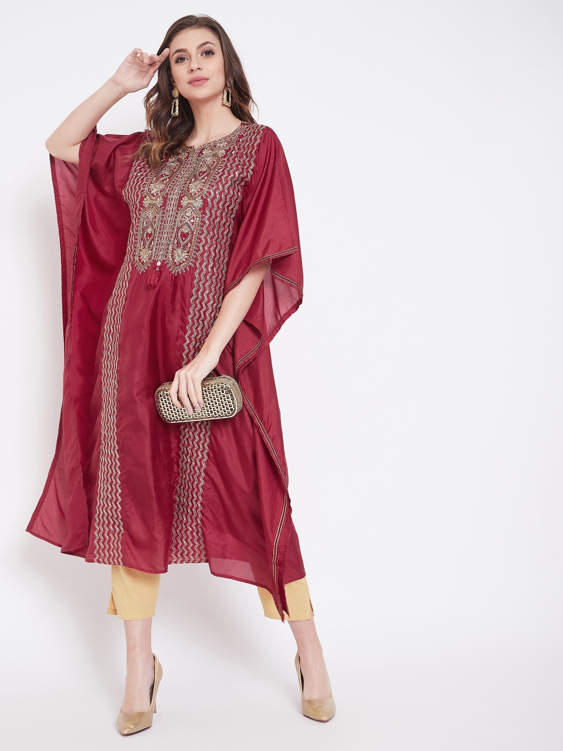The Kaftan Company Kurta Golden Maroon Zari Embroidery Silk Kaftan