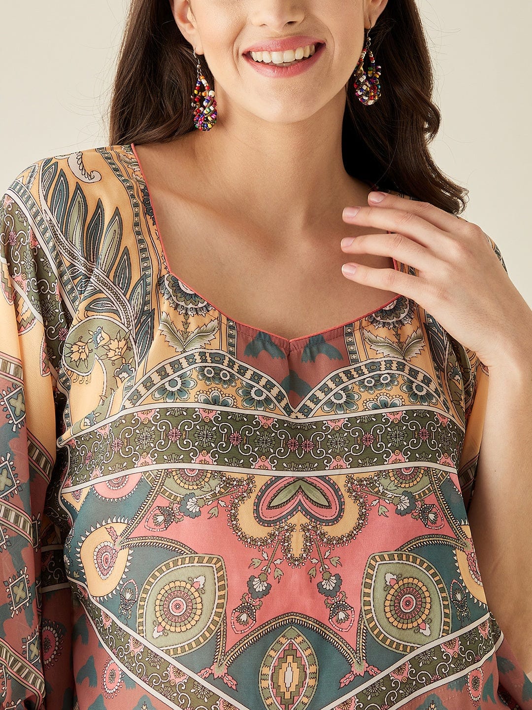 The Kaftan Company Kurta Green Abstract Floral Printed Kaftan Kurta