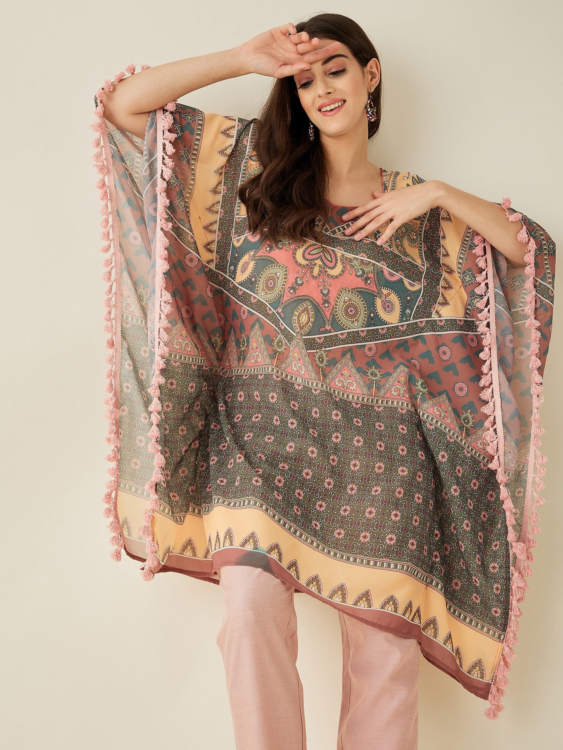 The Kaftan Company Kurta Green Abstract Floral Printed Kaftan Kurta