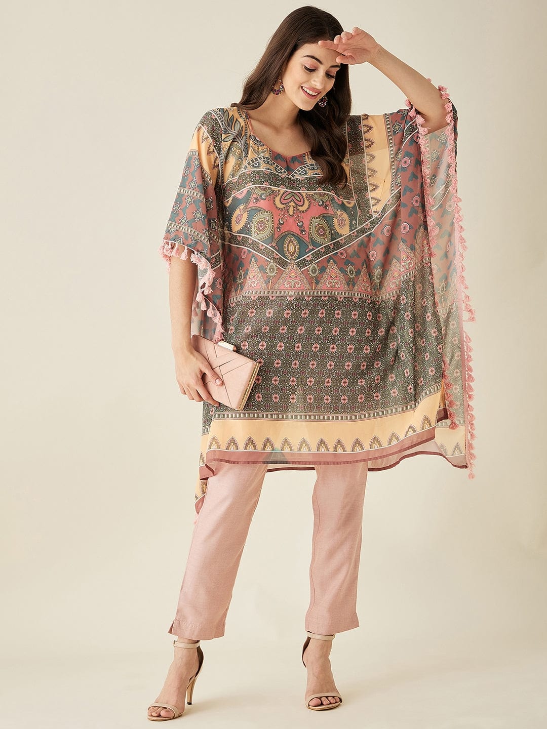 The Kaftan Company Kurta Green Abstract Floral Printed Kaftan Kurta