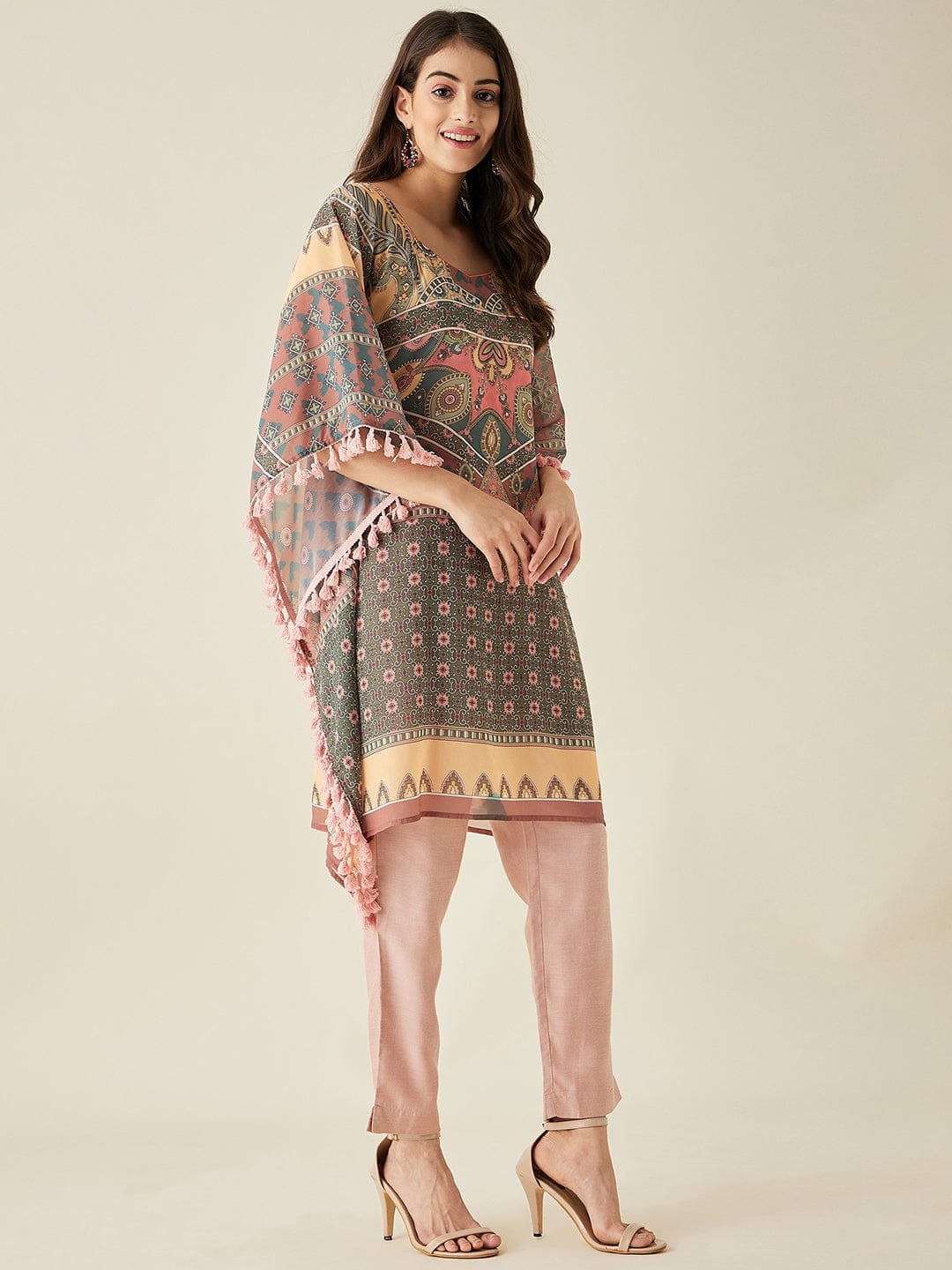 The Kaftan Company Kurta Green Abstract Floral Printed Kaftan Kurta