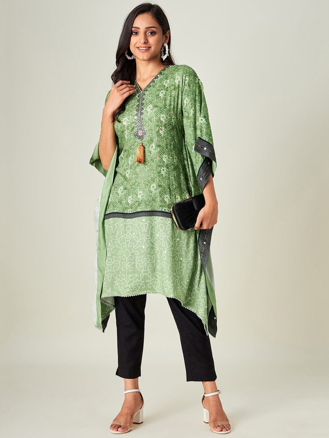 The Kaftan Company Kurta Green and Black Paneled Bandhani Kurta