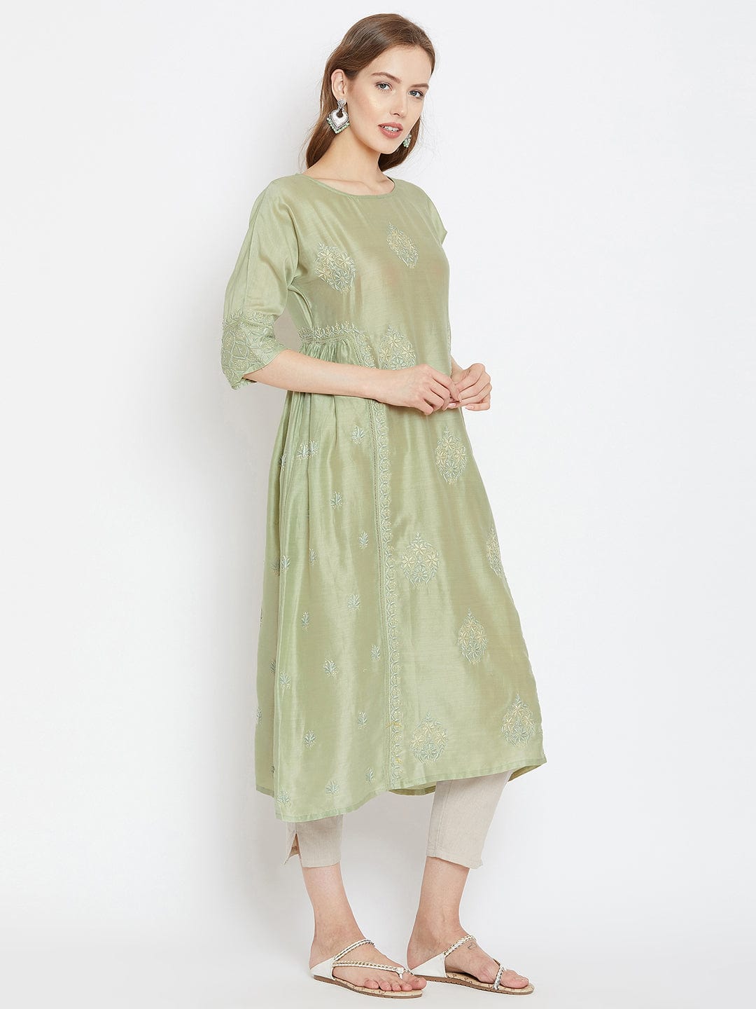 The Kaftan Company Kurta Green Elegance Chikankari Kurta