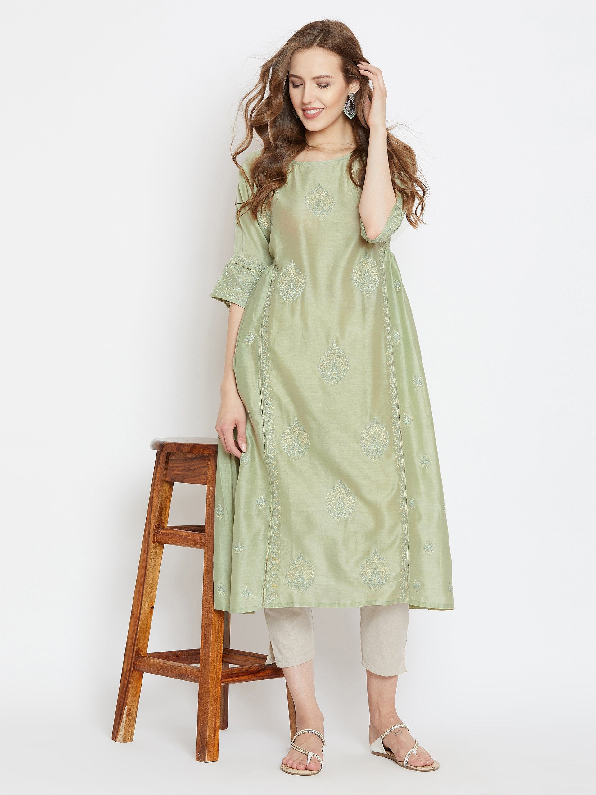 The Kaftan Company Kurta Green Elegance Chikankari Kurta