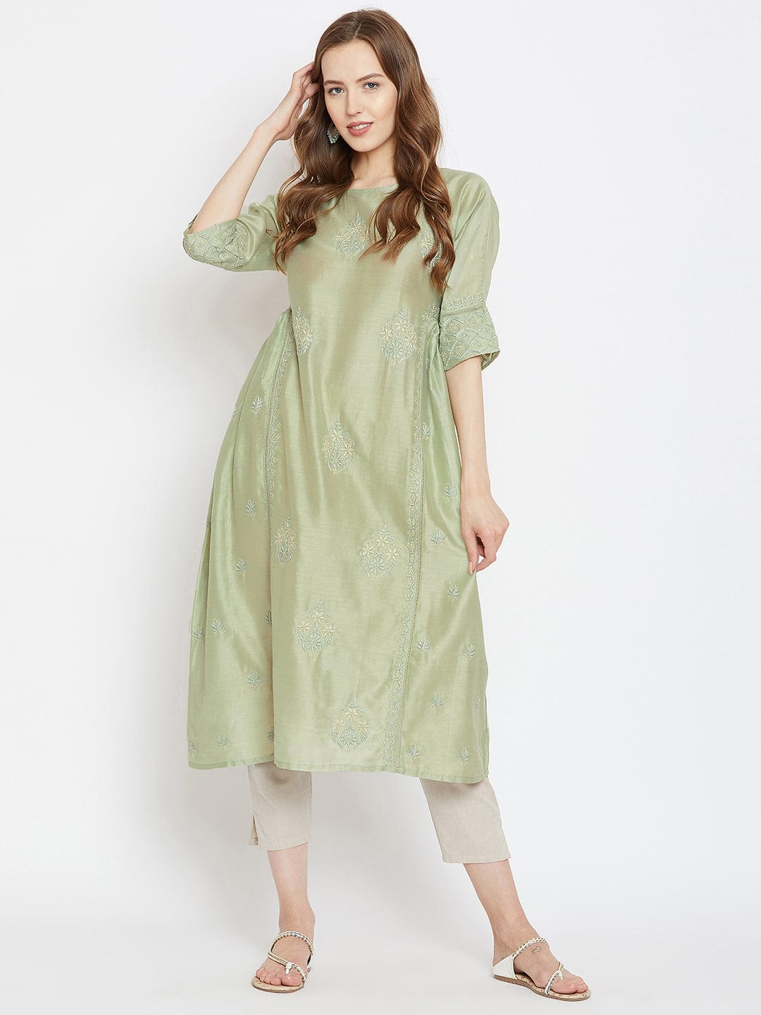 The Kaftan Company Kurta Green Elegance Chikankari Kurta