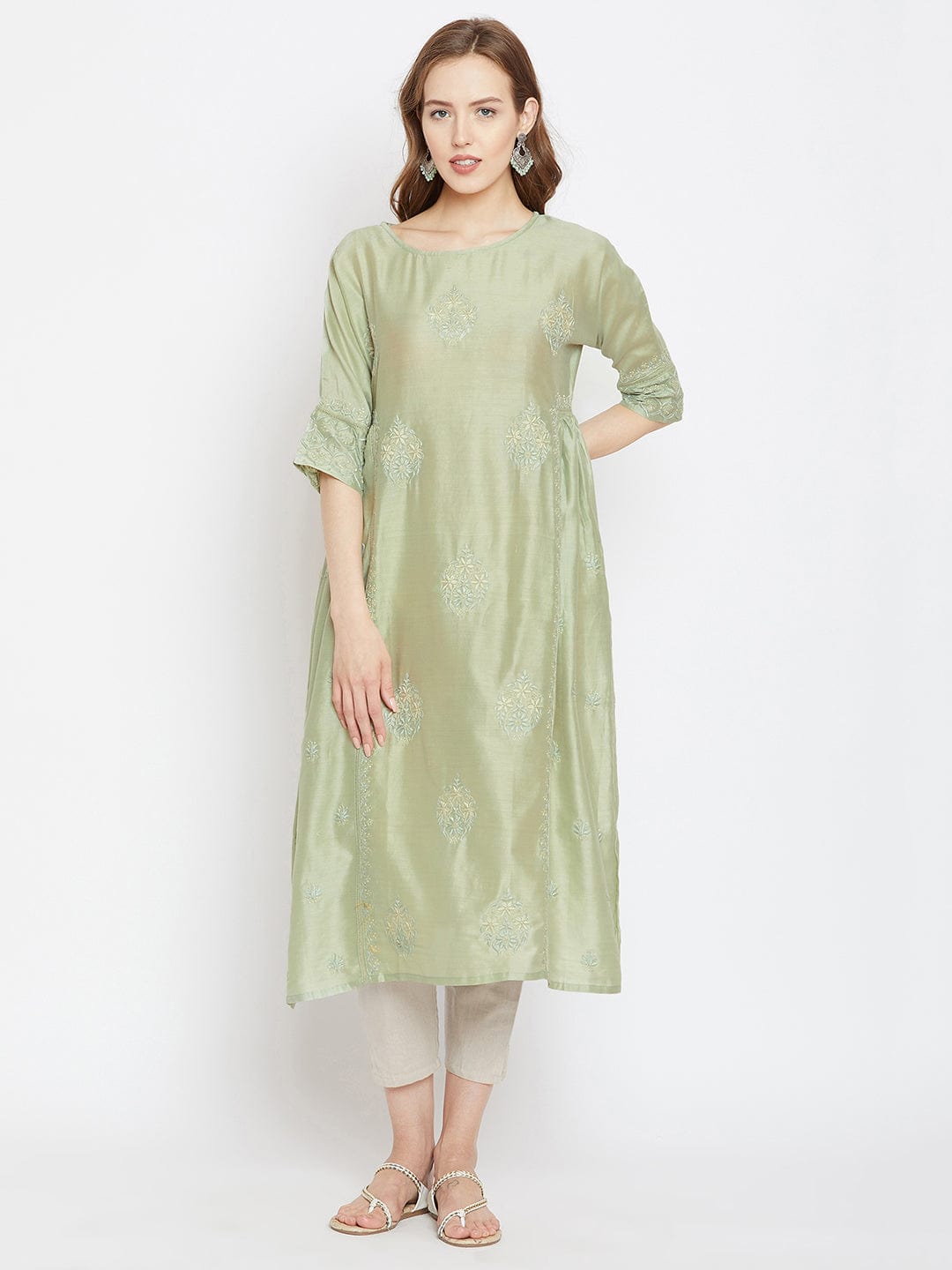 The Kaftan Company Kurta Green Elegance Chikankari Kurta