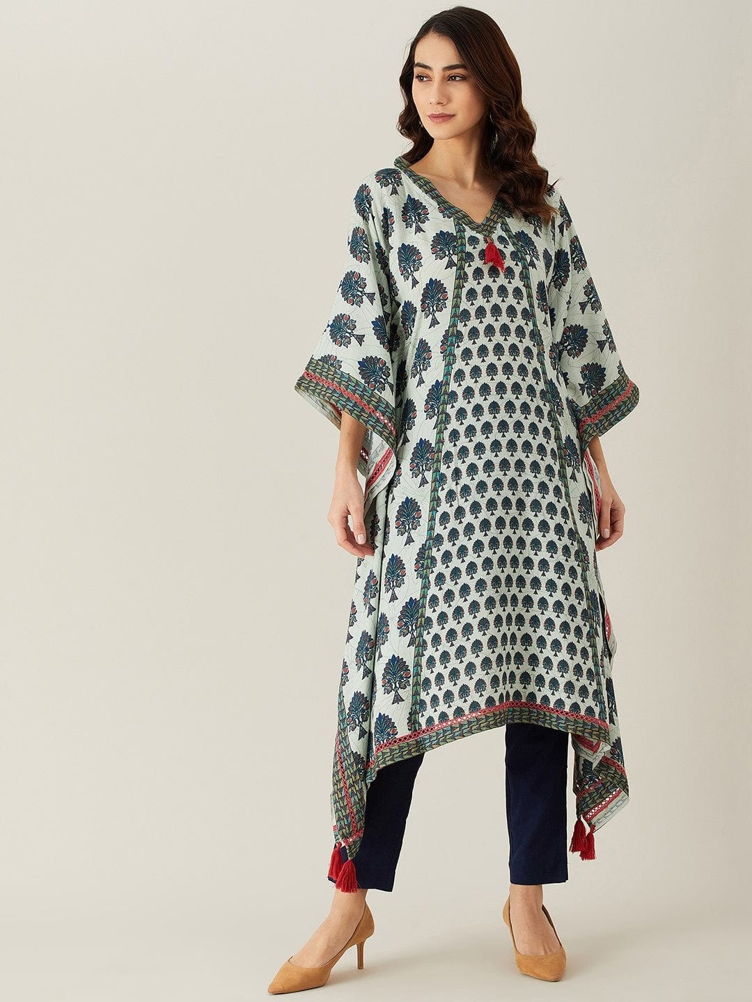 The Kaftan Company Kurta Grey and Blue Buta and Lace Modal Kaftan Kurta