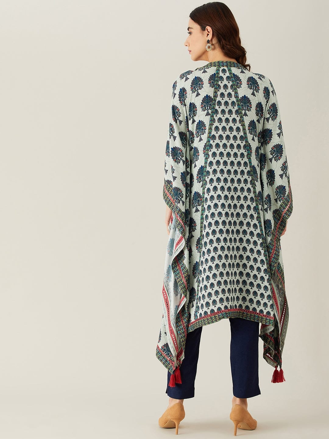 The Kaftan Company Kurta Grey and Blue Buta and Lace Modal Kaftan Kurta