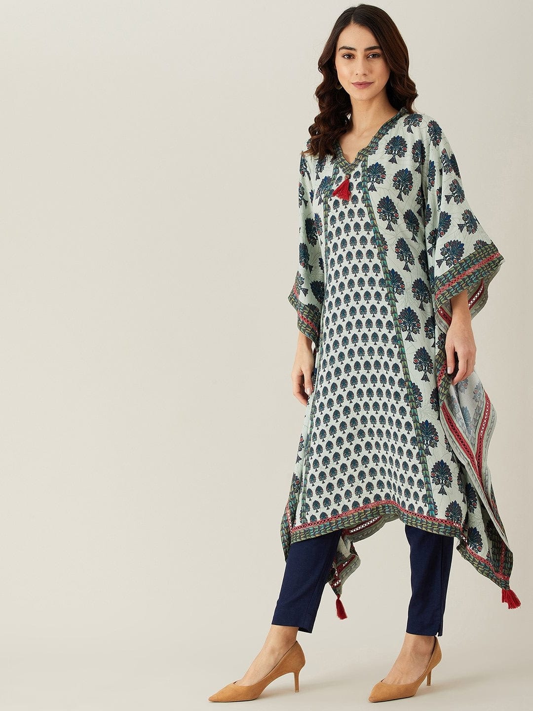 The Kaftan Company Kurta Grey and Blue Buta and Lace Modal Kaftan Kurta