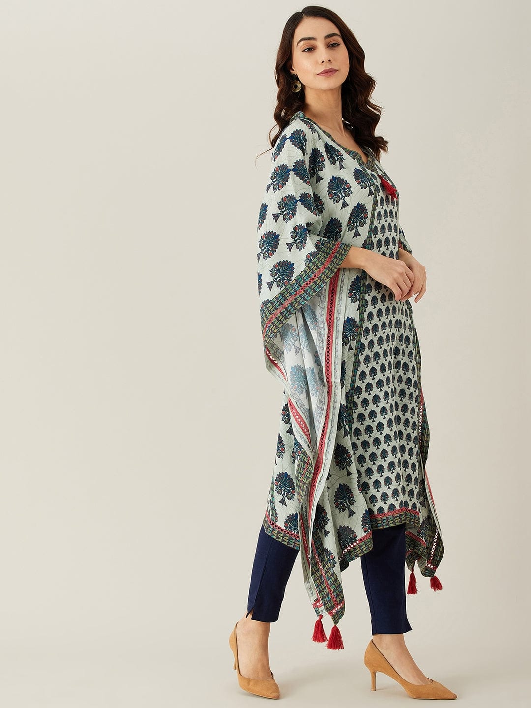 The Kaftan Company Kurta Grey and Blue Buta and Lace Modal Kaftan Kurta