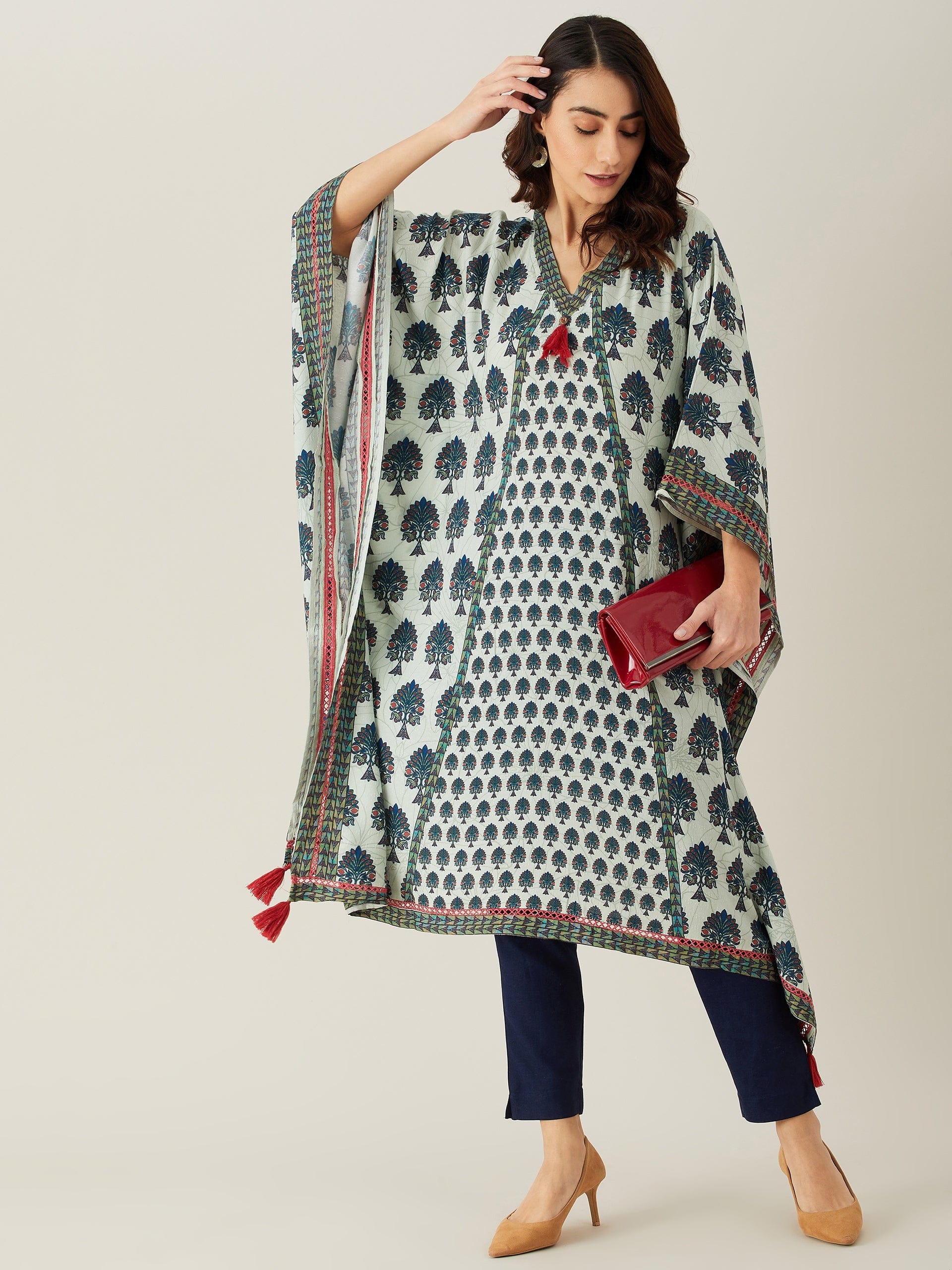 The Kaftan Company Kurta Grey and Blue Buta and Lace Modal Kaftan Kurta