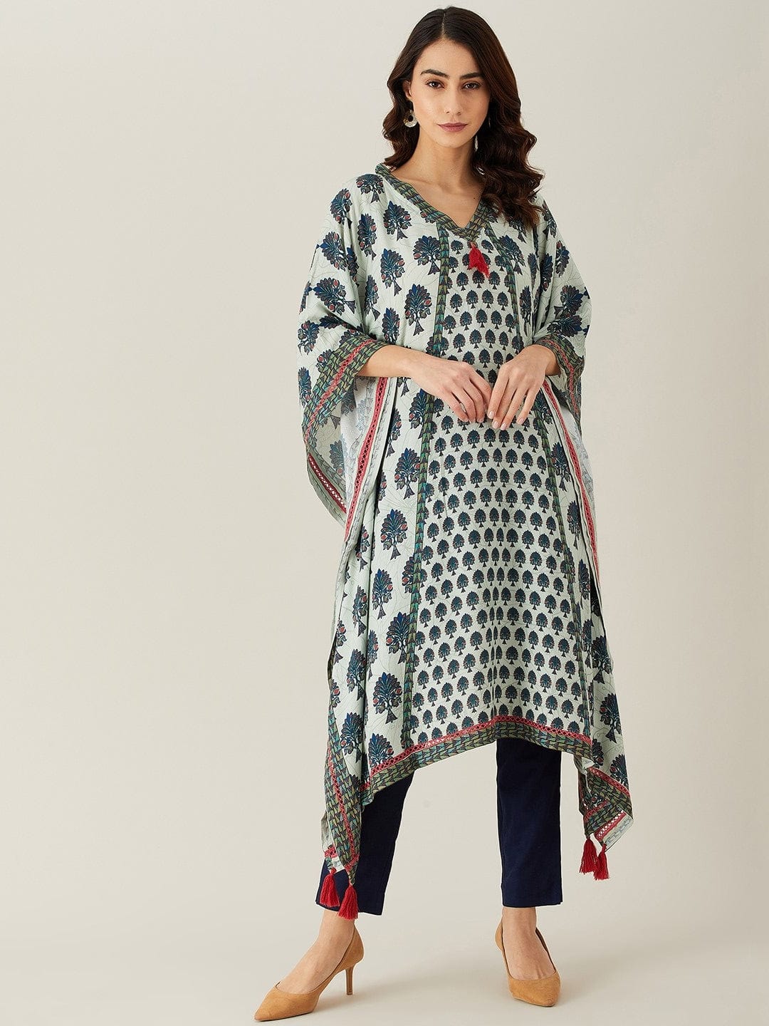 The Kaftan Company Kurta Grey and Blue Buta and Lace Modal Kaftan Kurta