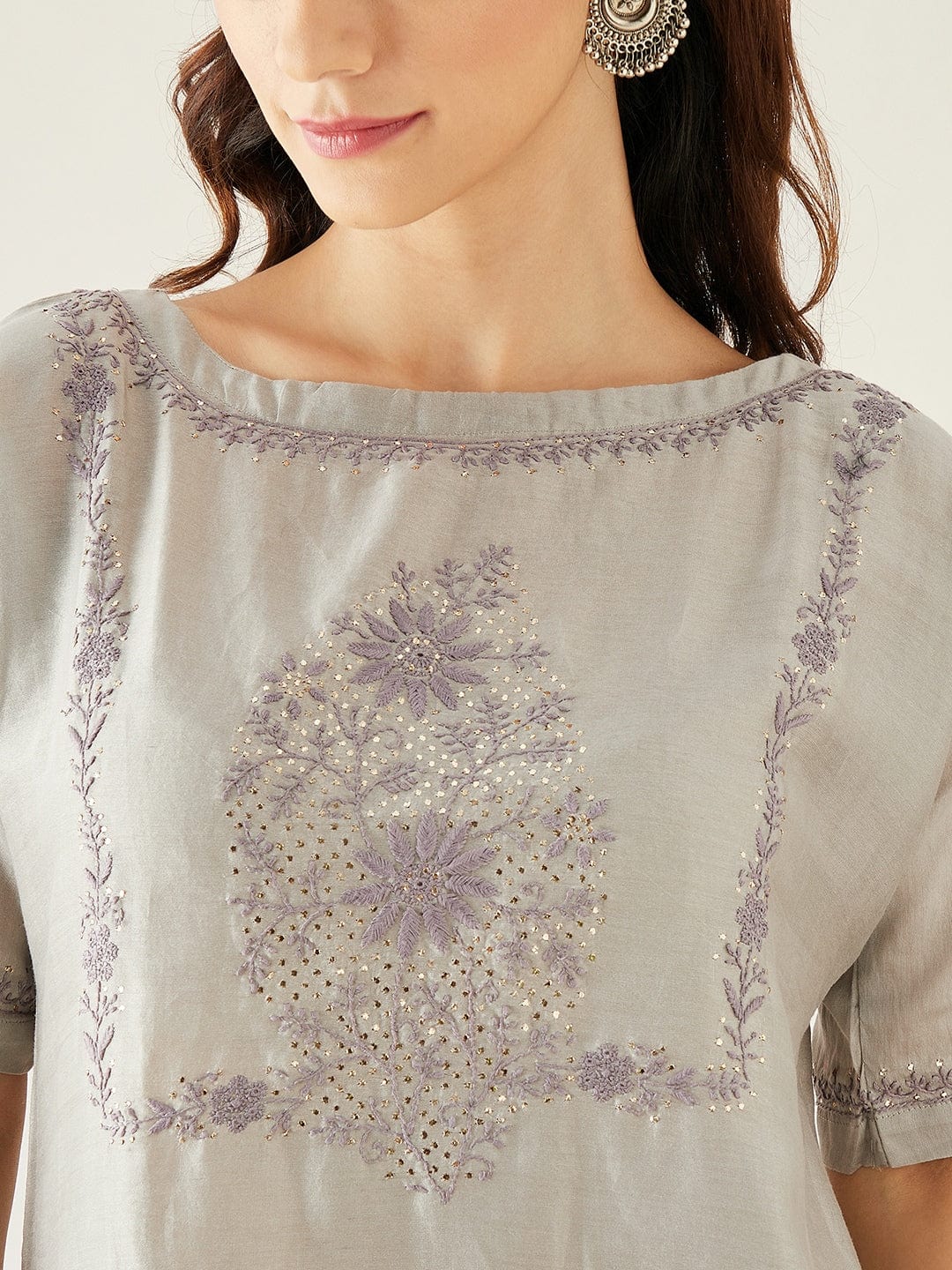 The Kaftan Company Kurta Grey Chanderi Silk Hand Embroidered Kurta