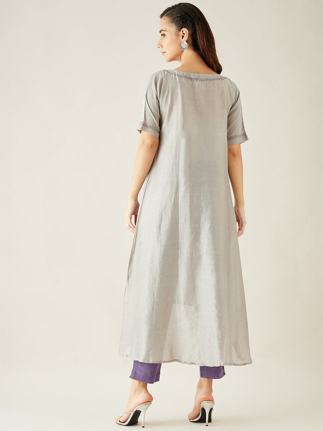 The Kaftan Company Kurta Grey Chanderi Silk Hand Embroidered Kurta