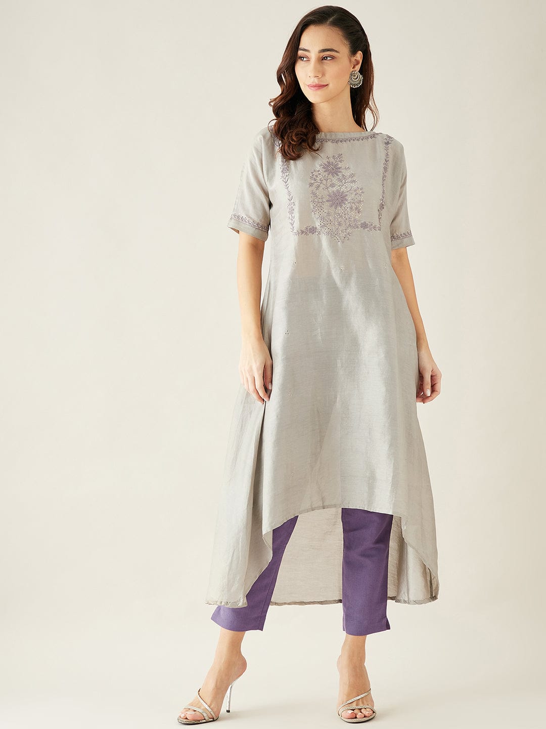 The Kaftan Company Kurta Grey Chanderi Silk Hand Embroidered Kurta