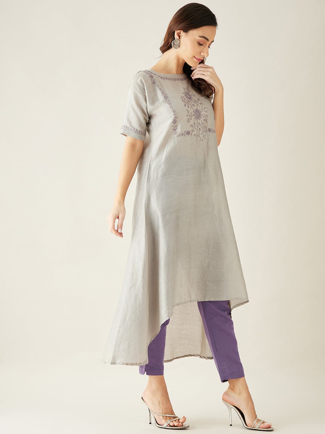 The Kaftan Company Kurta Grey Chanderi Silk Hand Embroidered Kurta