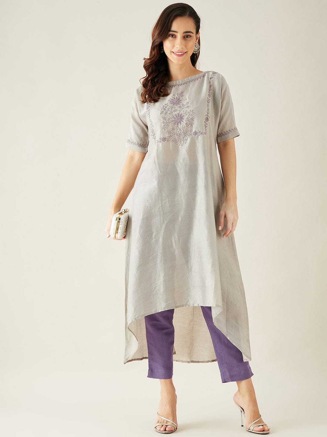 The Kaftan Company Kurta Grey Chanderi Silk Hand Embroidered Kurta