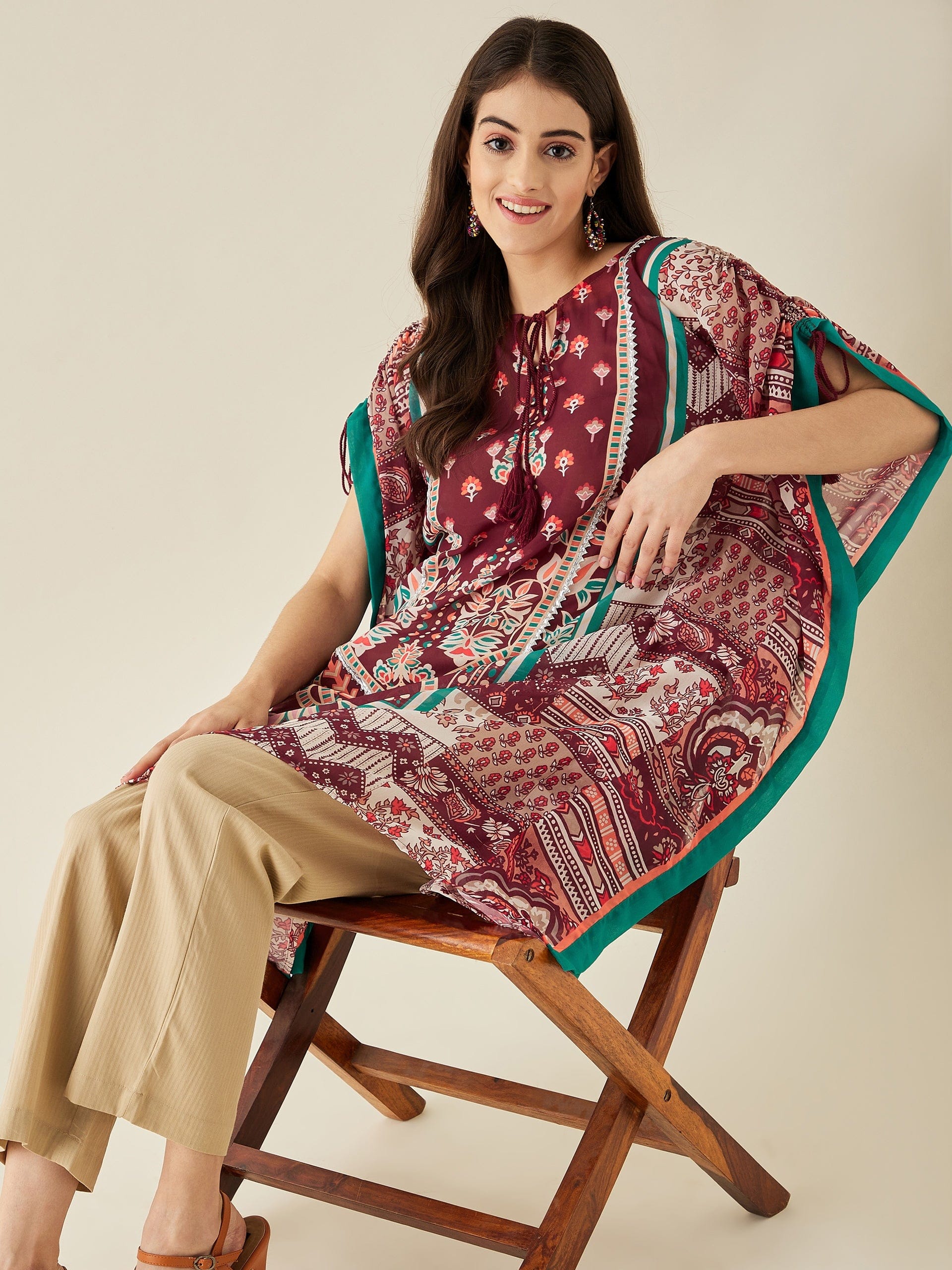 The Kaftan Company Kurta Maroon Floral Printed Kaftan Kurta
