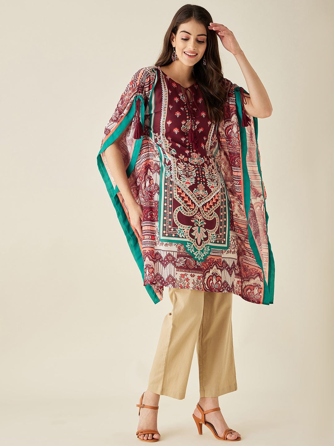 The Kaftan Company Kurta Maroon Floral Printed Kaftan Kurta