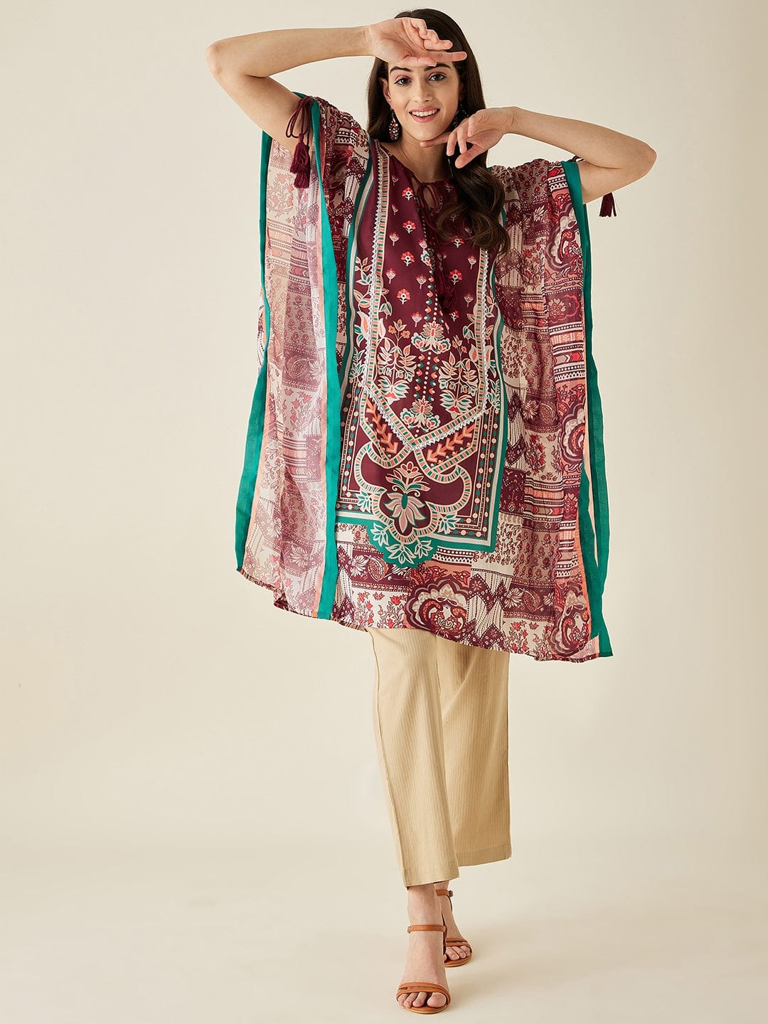 The Kaftan Company Kurta Maroon Floral Printed Kaftan Kurta
