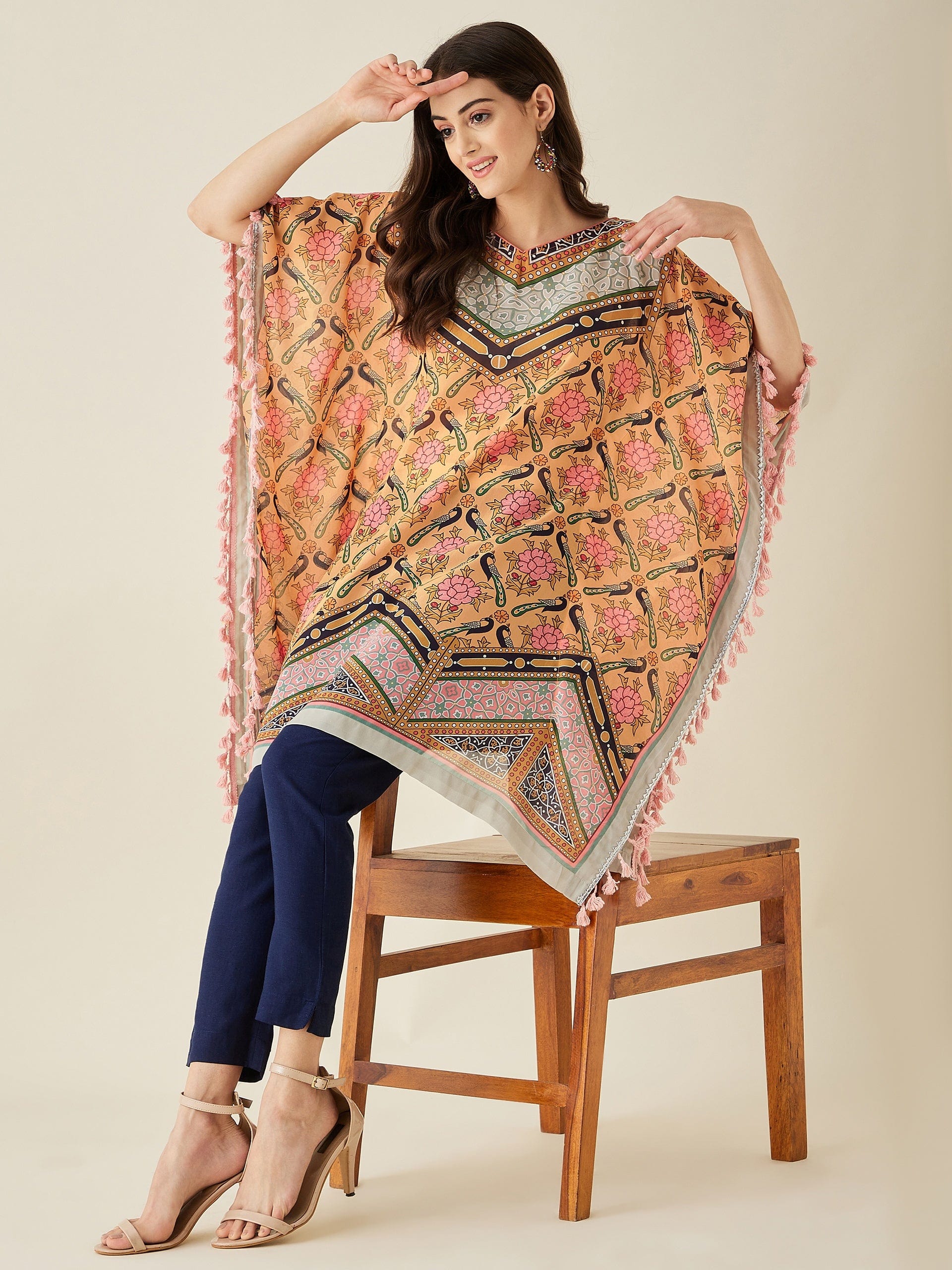 The Kaftan Company Kurta Mustard Floral Printed Kaftan Kurta