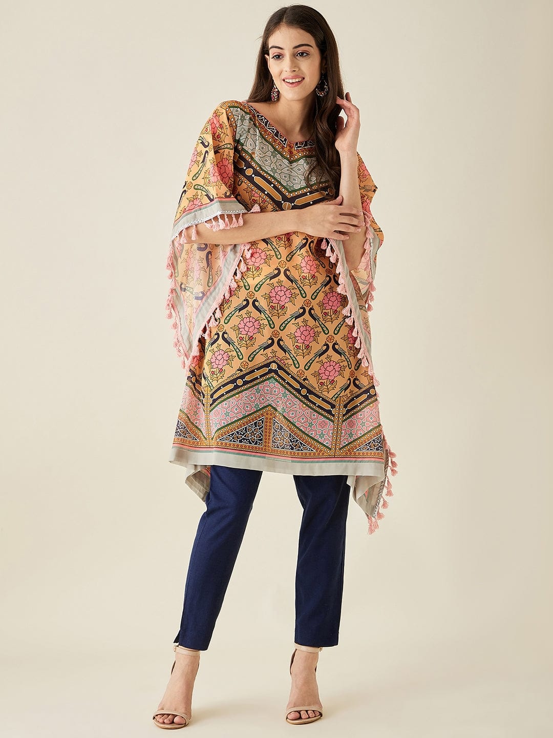 The Kaftan Company Kurta Mustard Floral Printed Kaftan Kurta