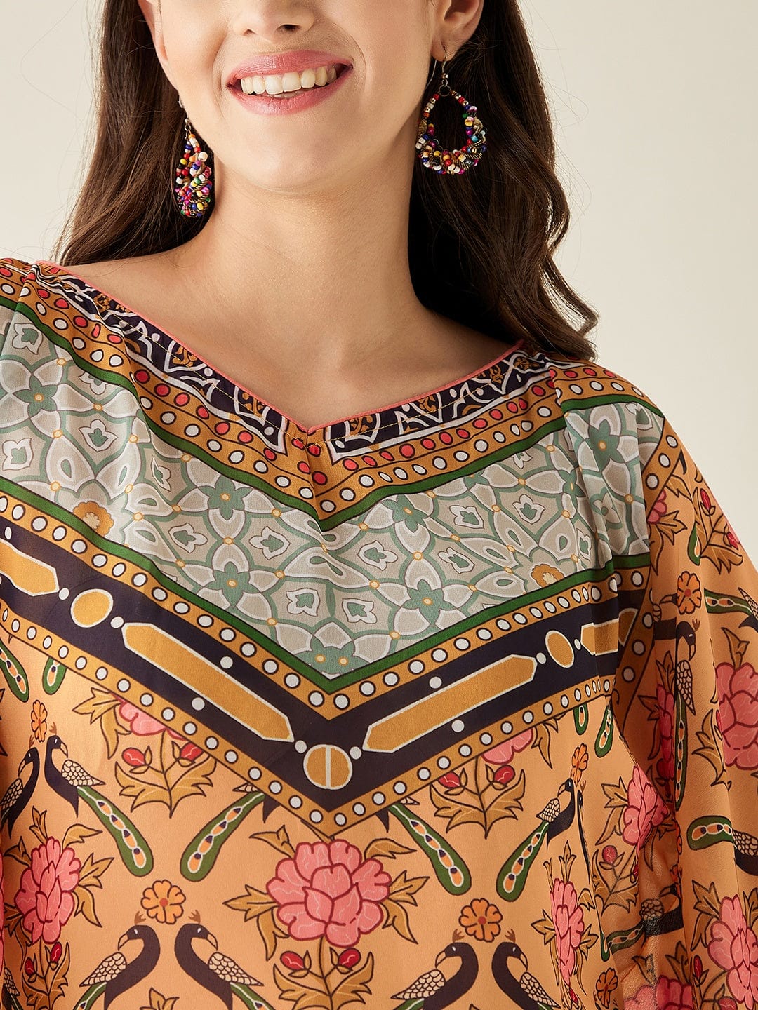 The Kaftan Company Kurta Mustard Floral Printed Kaftan Kurta