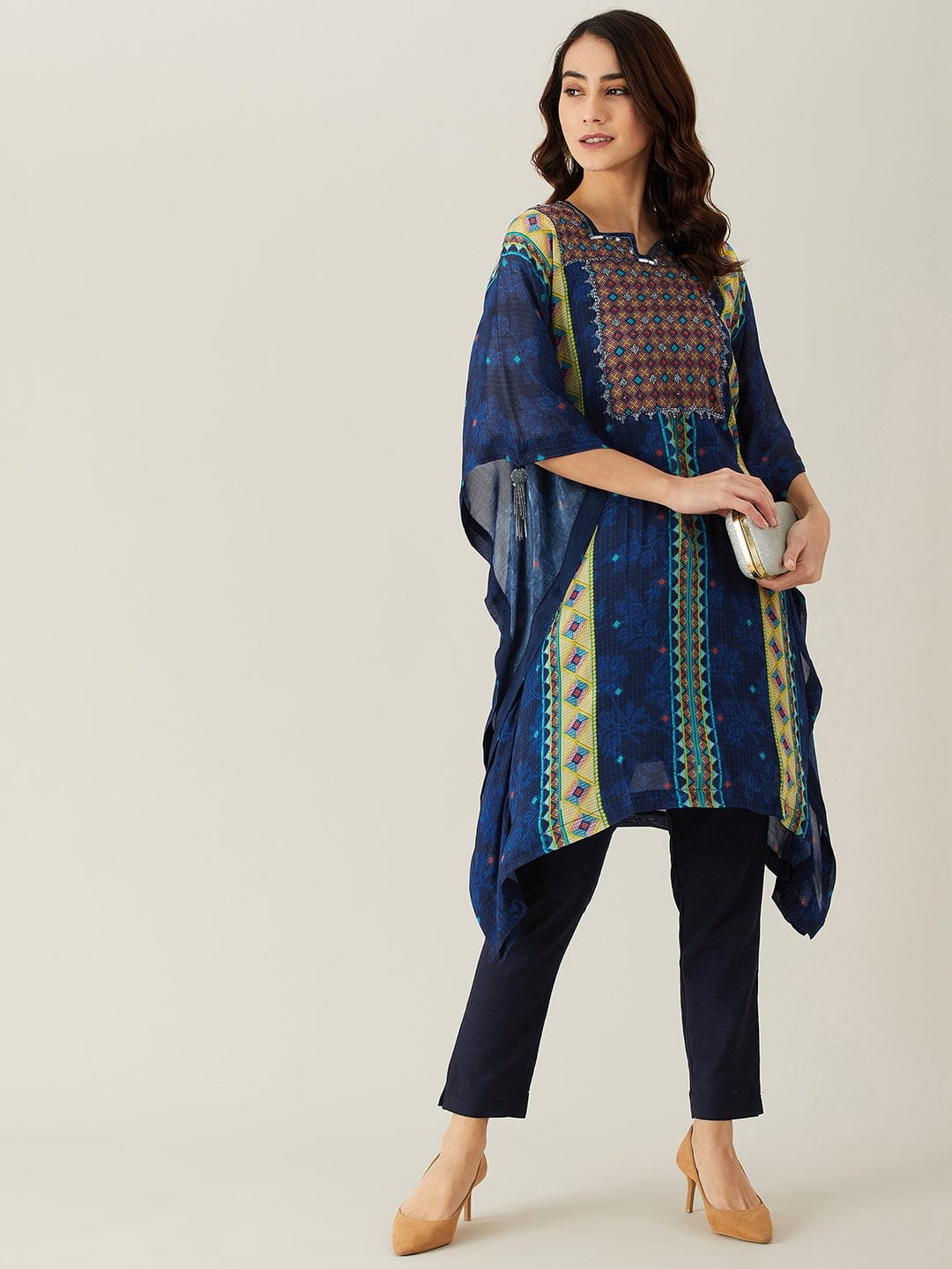 The Kaftan Company Kurta Navy Blue Sequin Embroidery Kaftan Kurta