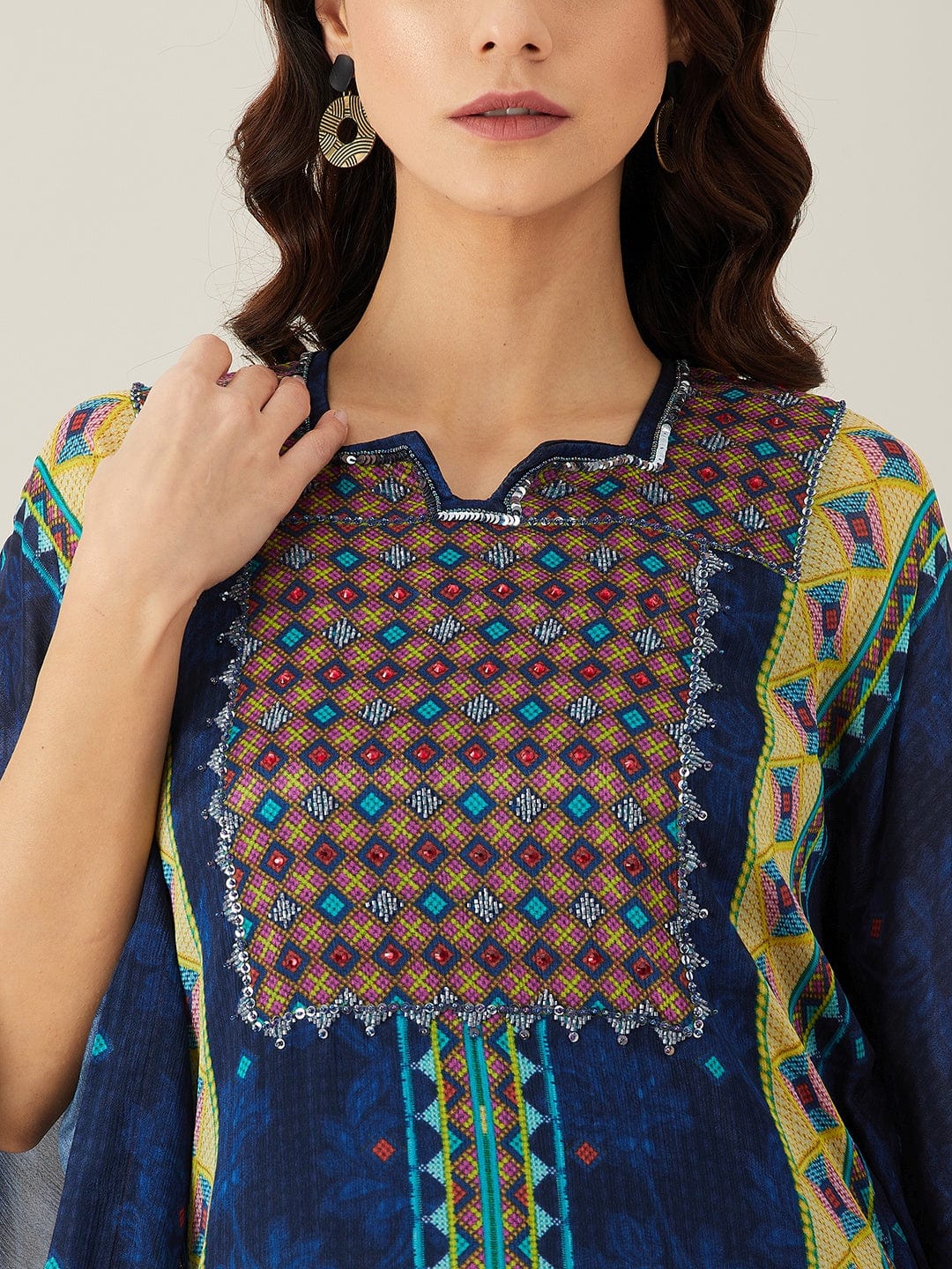 The Kaftan Company Kurta Navy Blue Sequin Embroidery Kaftan Kurta