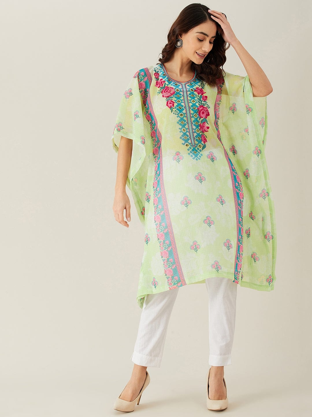 The Kaftan Company Kurta Pastel Green Flora Hand Embroidered Kaftan Kurta