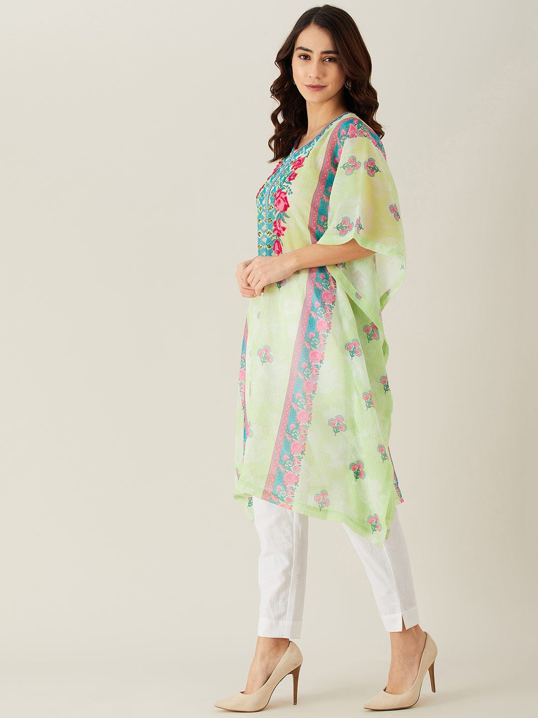 The Kaftan Company Kurta Pastel Green Flora Hand Embroidered Kaftan Kurta