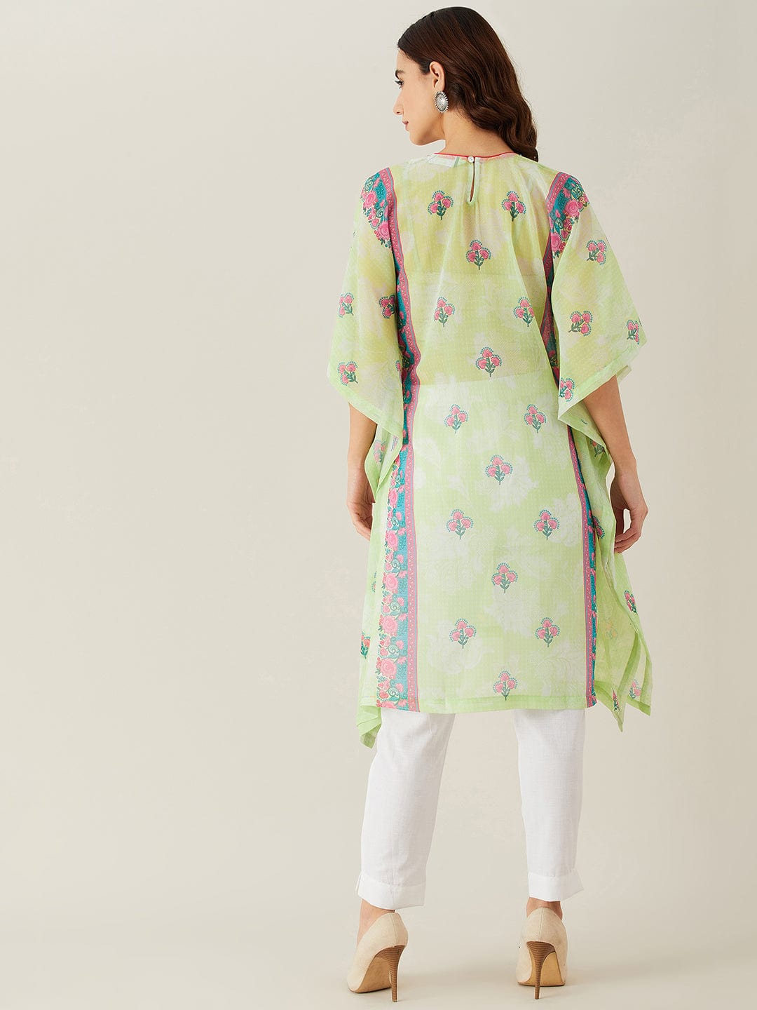 The Kaftan Company Kurta Pastel Green Flora Hand Embroidered Kaftan Kurta