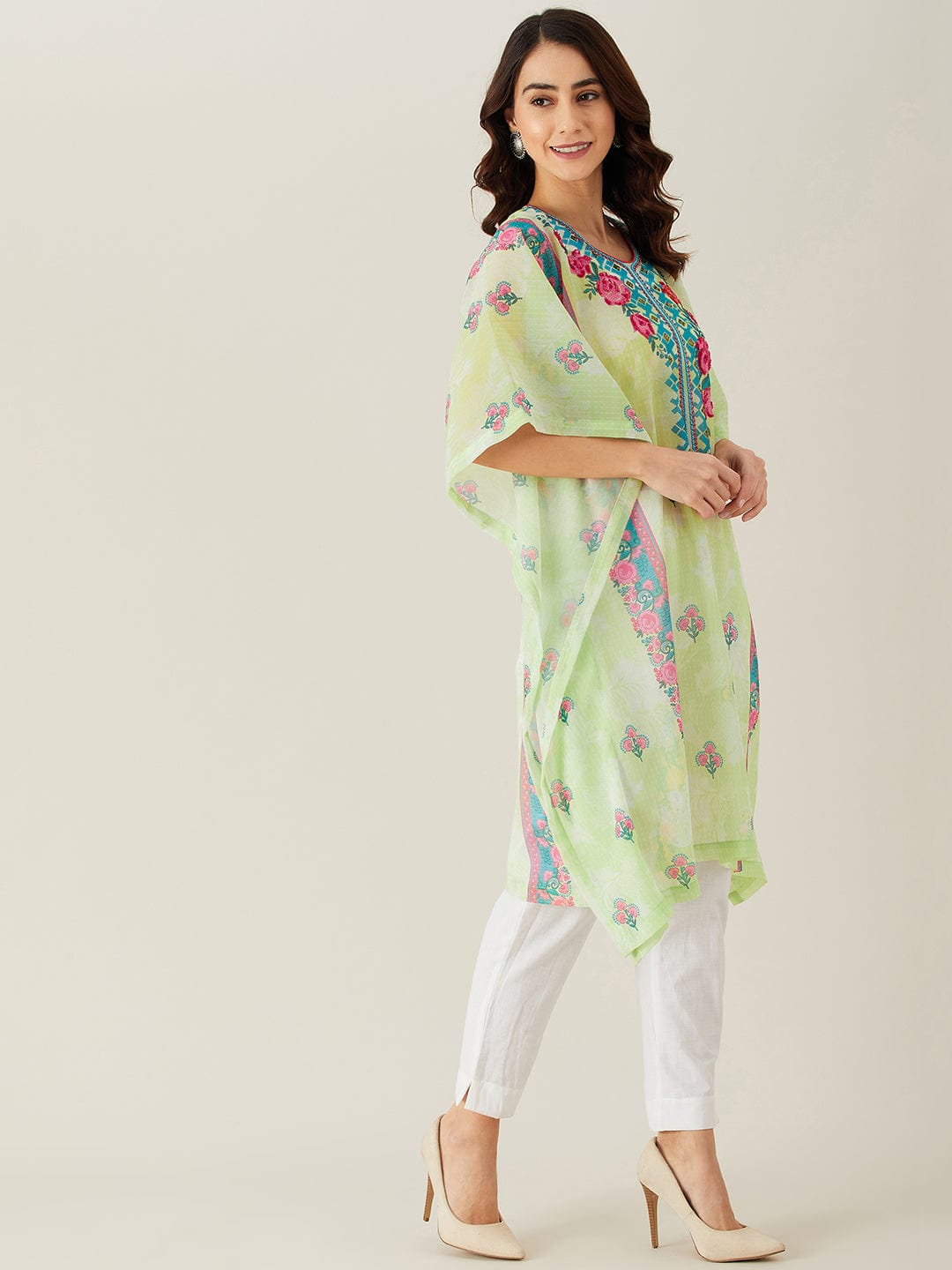 The Kaftan Company Kurta Pastel Green Flora Hand Embroidered Kaftan Kurta