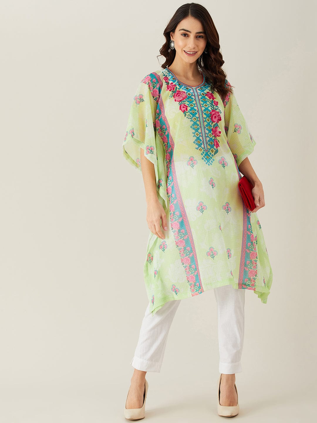 The Kaftan Company Kurta Pastel Green Flora Hand Embroidered Kaftan Kurta