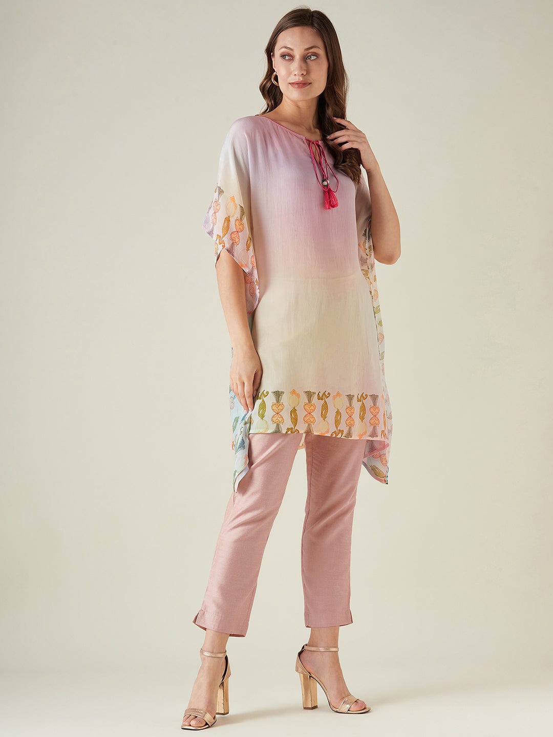 The Kaftan Company Kurta Pastel pink embroidered crepe kurta