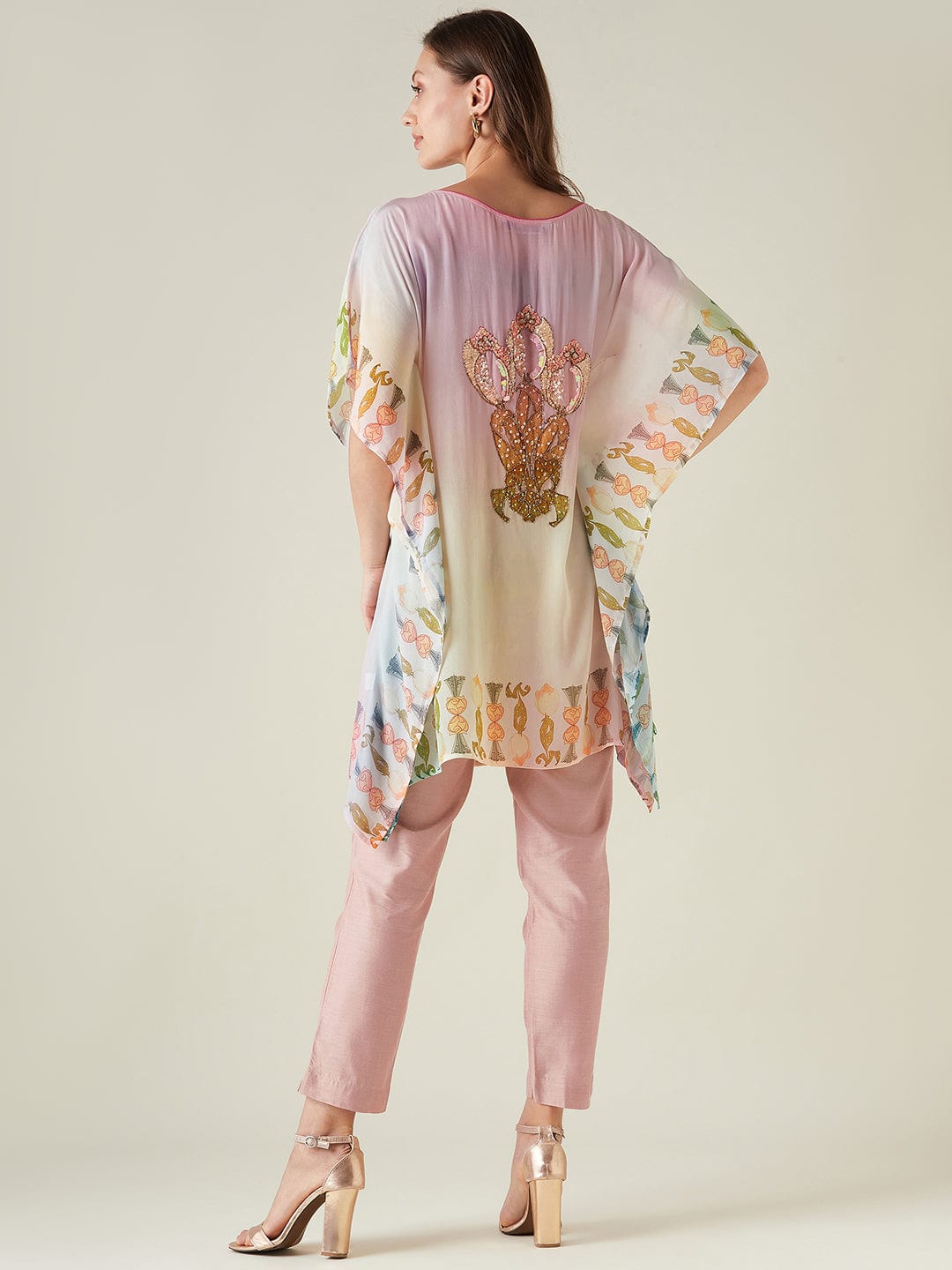 The Kaftan Company Kurta Pastel pink embroidered crepe kurta