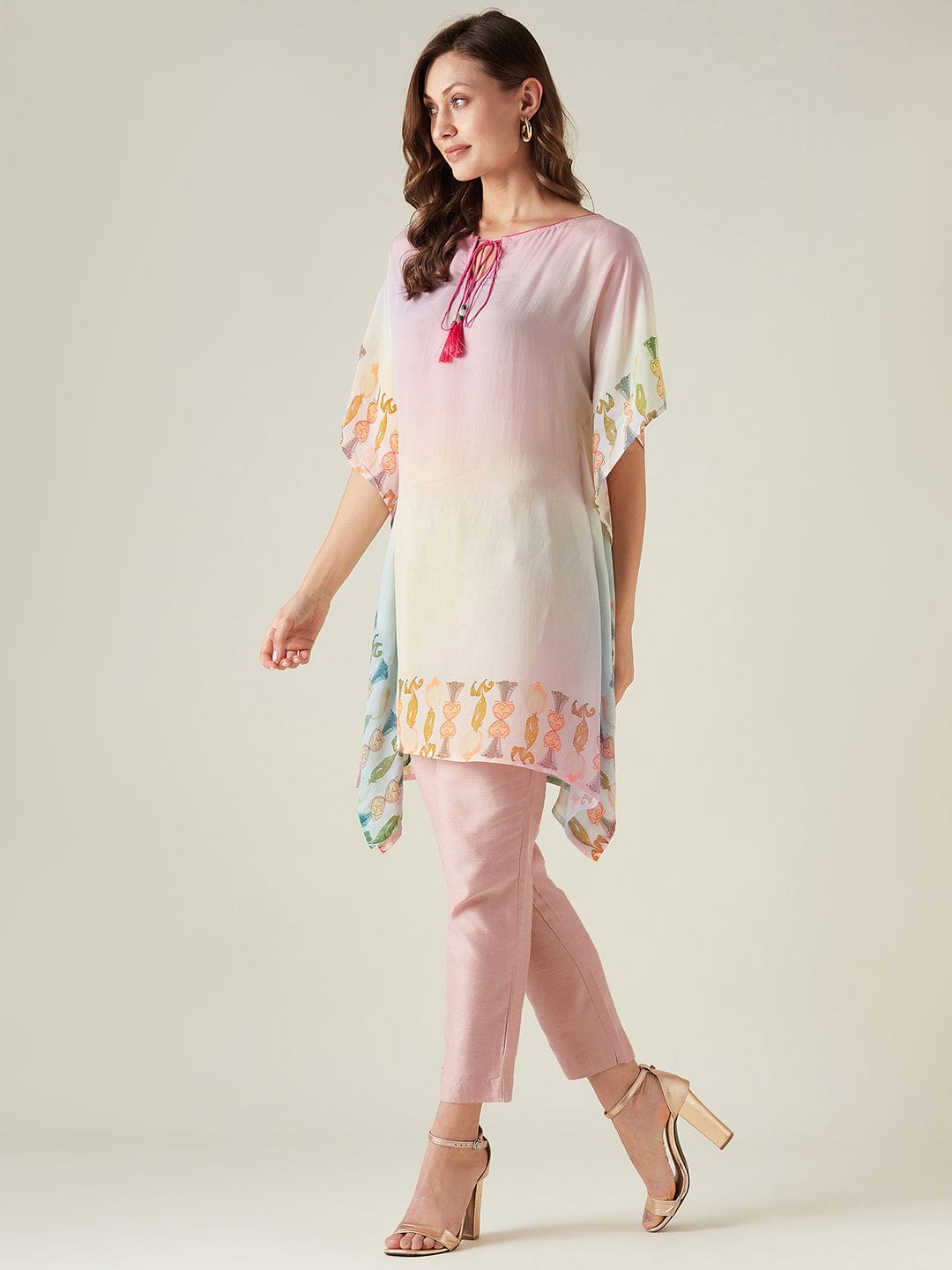 The Kaftan Company Kurta Pastel pink embroidered crepe kurta