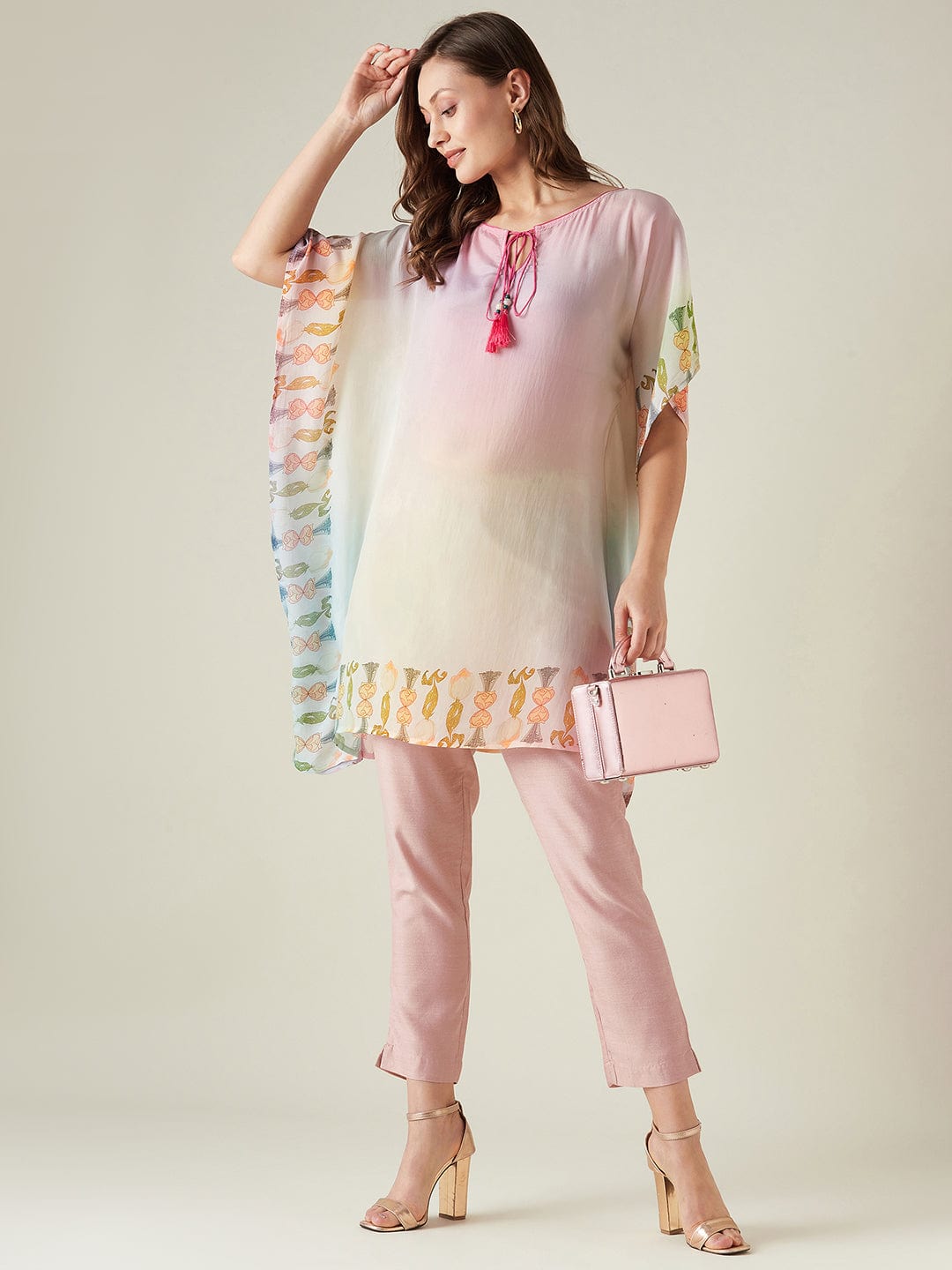 The Kaftan Company Kurta Pastel pink embroidered crepe kurta