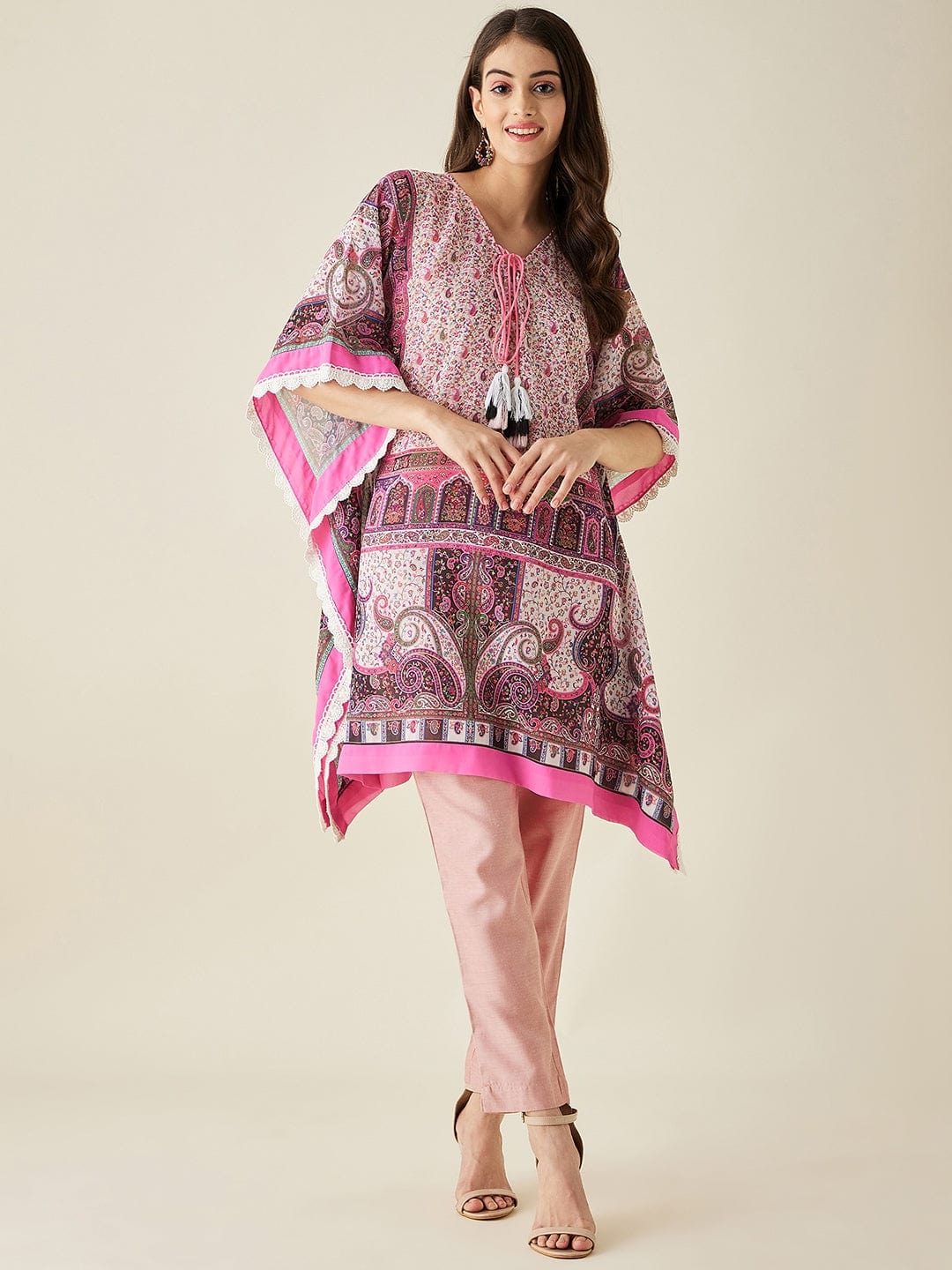 The Kaftan Company Kurta Pink Floral and Paisley Printed Kaftan Kurta