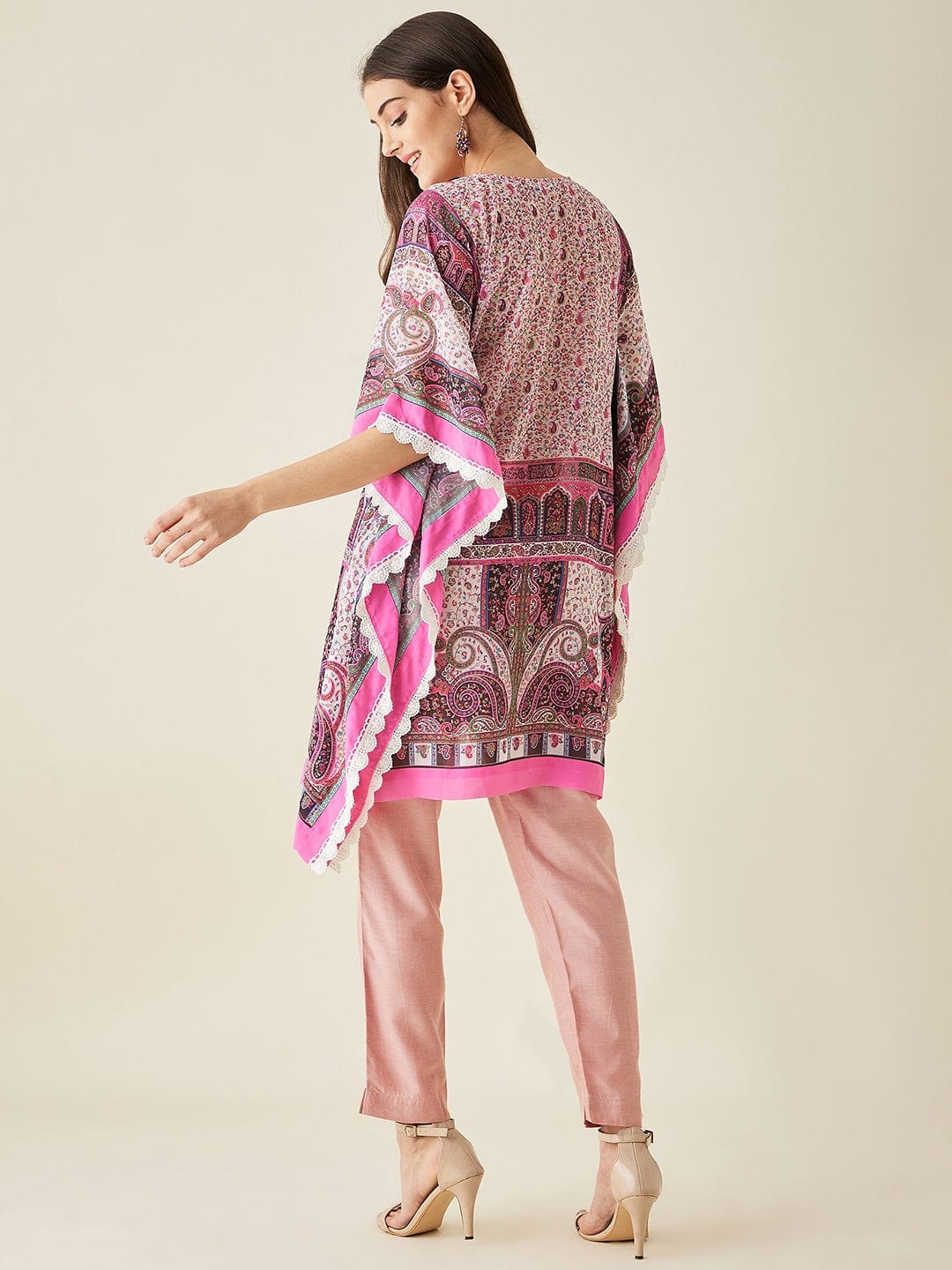 The Kaftan Company Kurta Pink Floral and Paisley Printed Kaftan Kurta