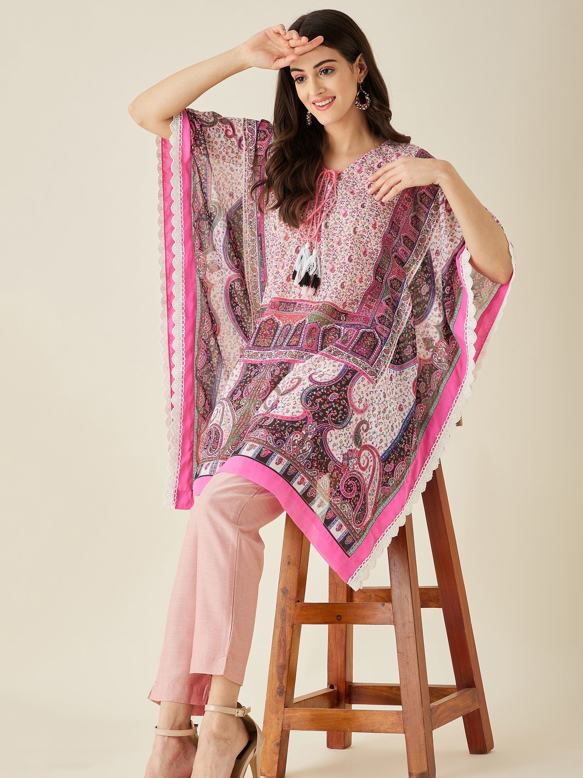 The Kaftan Company Kurta Pink Floral and Paisley Printed Kaftan Kurta