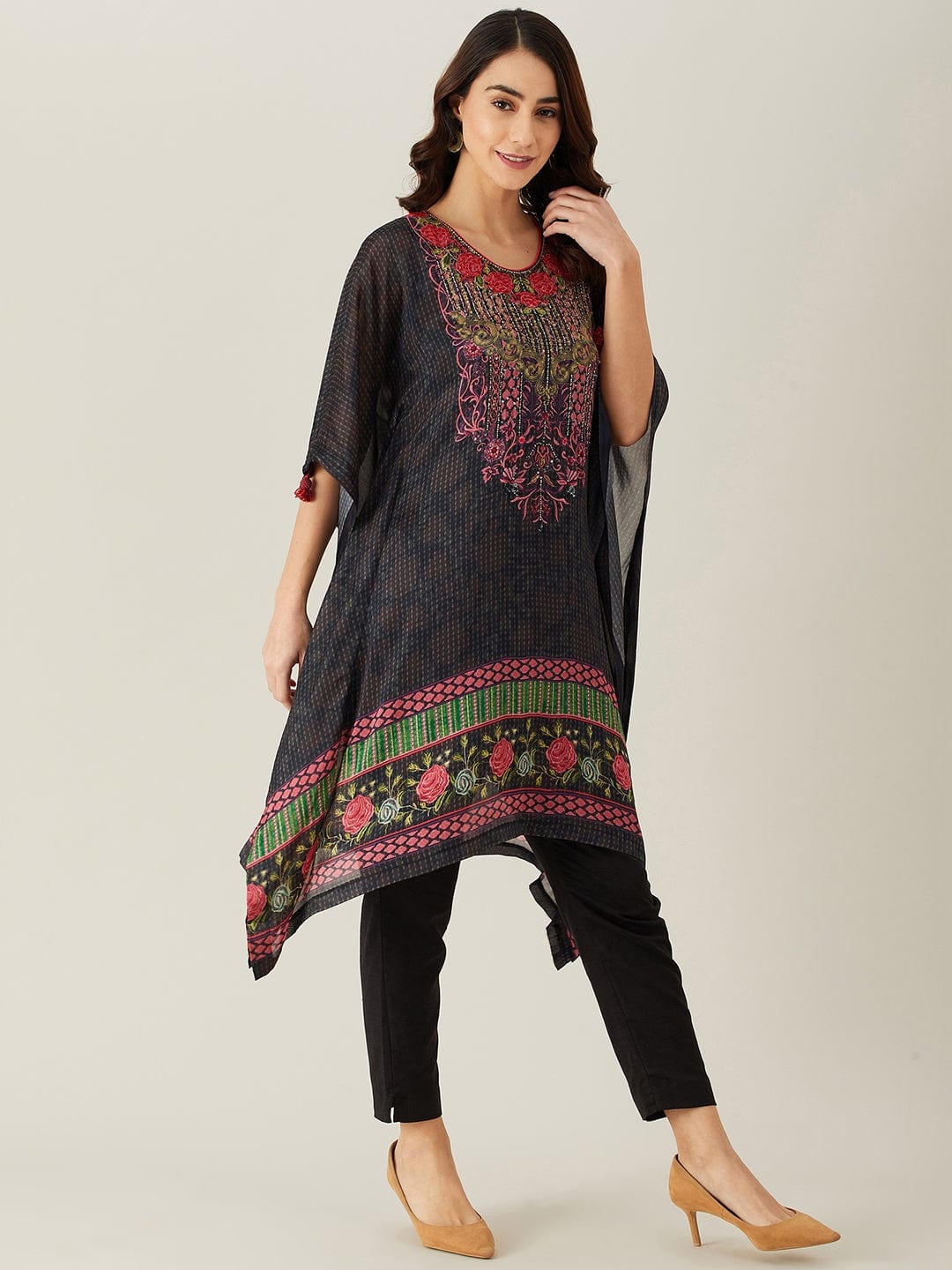 The Kaftan Company Kurta Rose Garland Hand Embellished Kaftan Kurta