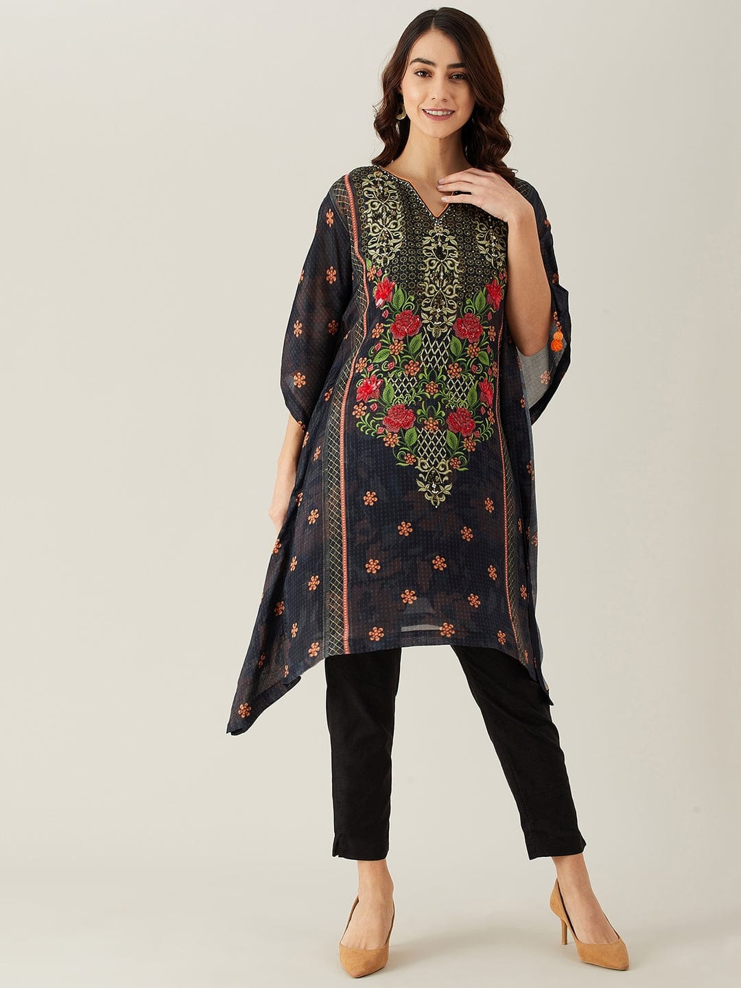 The Kaftan Company Kurta Rosella Black Hand Embellished Kaftan Kurta