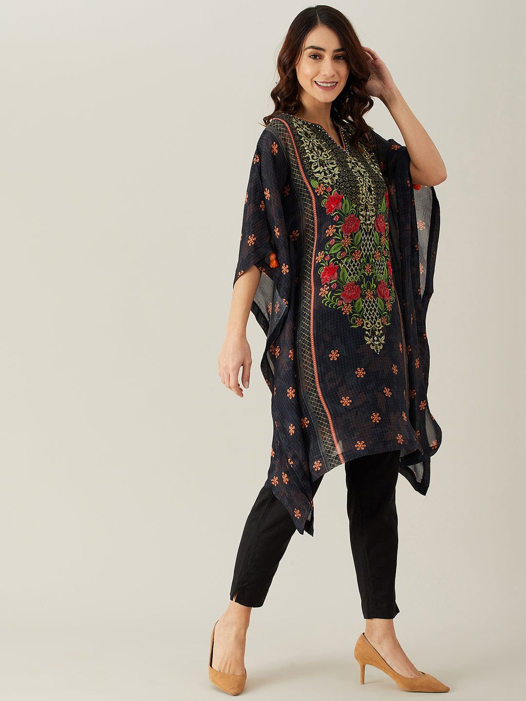 The Kaftan Company Kurta Rosella Black Hand Embellished Kaftan Kurta